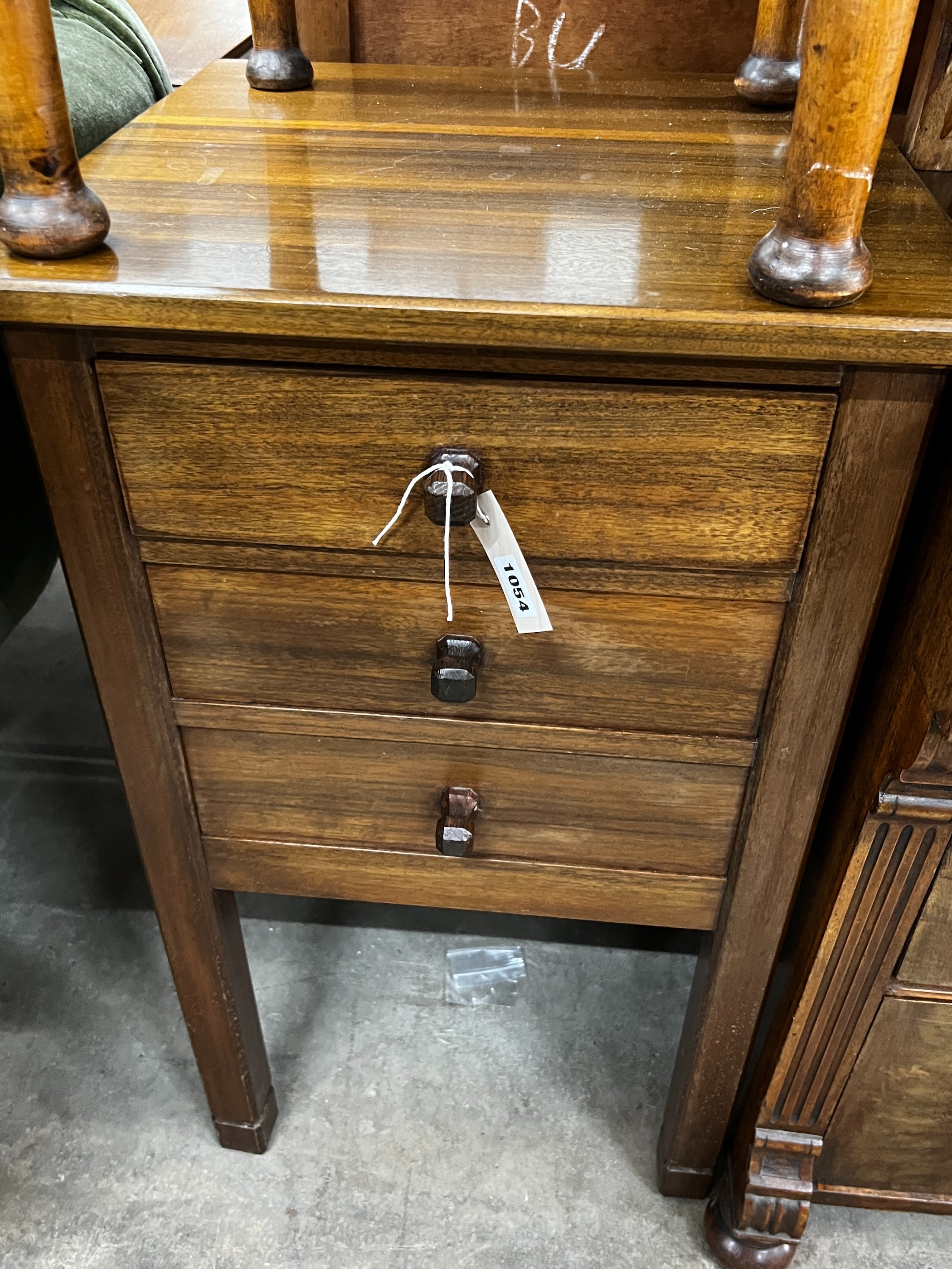 A mid century teak three drawer bedside chest, height 77cm together with an oak and pine workbox